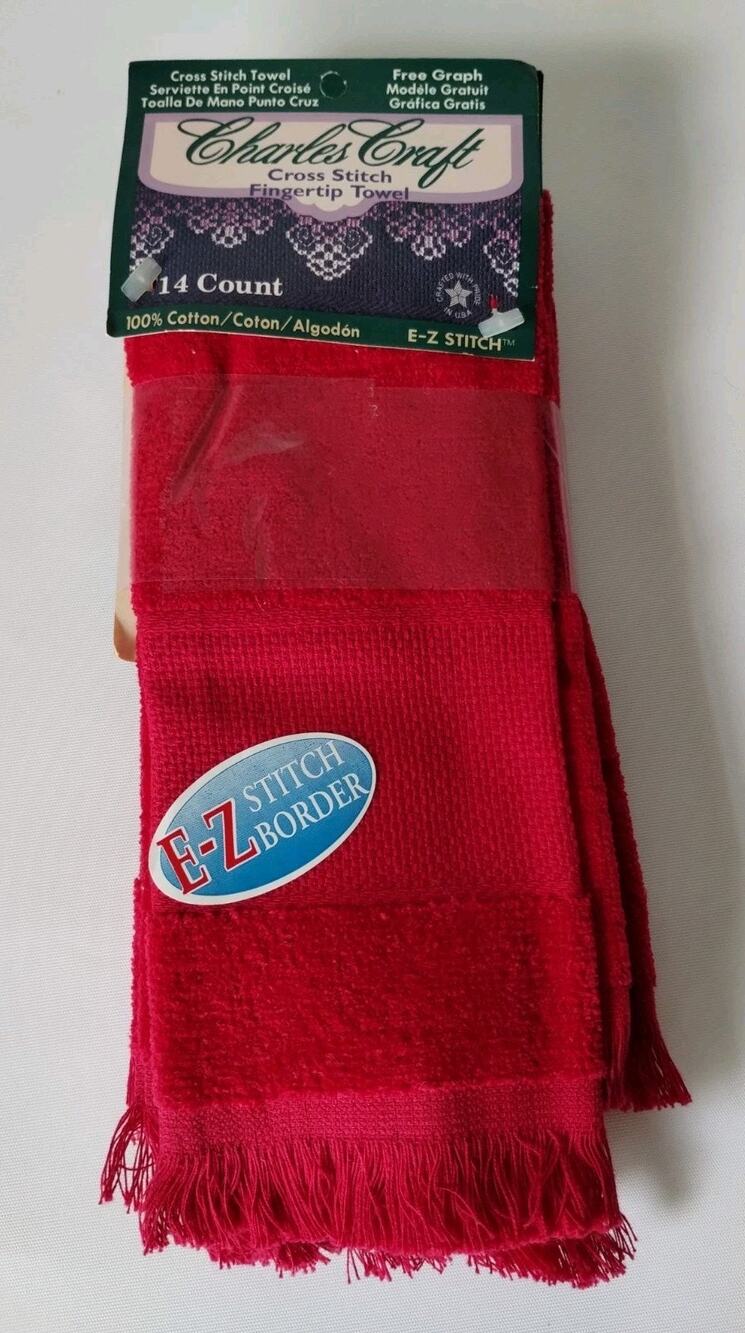 Lot of 3 Charles Craft Cross Stitch Fingertip Towels - Cranberry Red 14 CT